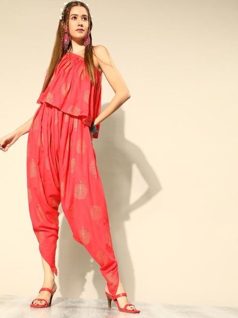 

InWeave Women Striking Coral Printed One-Shoulder Jumpsuit