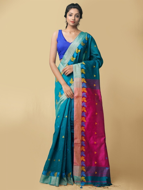 

Unnati Silks Teal & Blue Woven Design Pure Linen Jamdani Saree