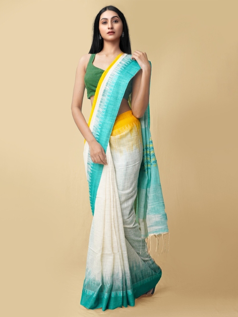

Unnati Silks Cream-Coloured & Blue Pure Linen Jamdani Saree
