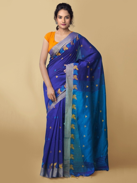 

Unnati Silks Blue Woven Design Pure Linen Handloom Jamdani Saree