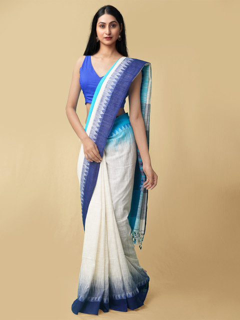 

Unnati Silks Cream-Coloured & Blue Jamdani Pure Linen Saree