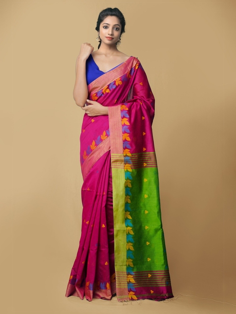 

Unnati Silks Pink & Green Woven Design Pure Linen Jamdani Saree