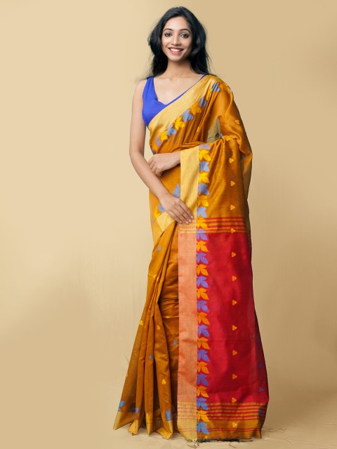 

Unnati Silks Rust Orange & Red Ethnic Motifs Pure Bengal Linen Jamdani Saree