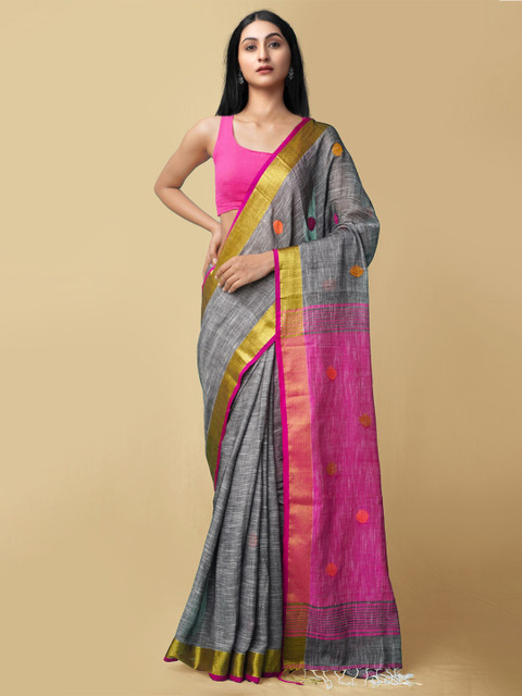 

Unnati Silks Grey & Pink Woven Design Pure Linen Jamdani Saree