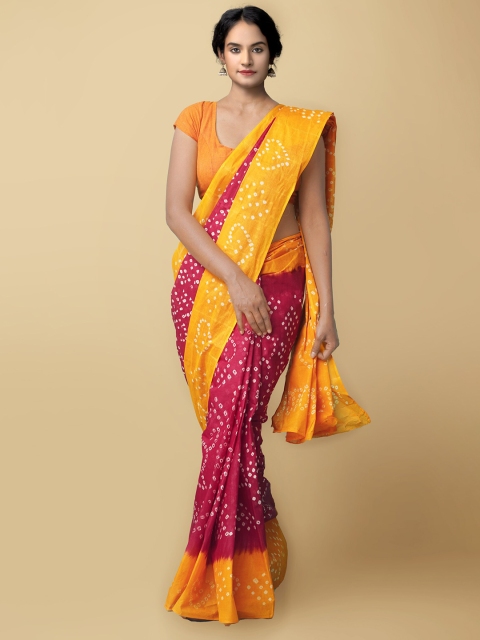 

Unnati Silks Women Maroon & Yellow Handloom Sustainable Pure Bandhani Cotton Saree