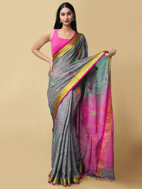 

Unnati Silks Grey & Magenta Woven Design Zari Pure Linen Jamdani Saree