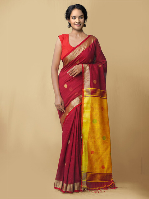 

Unnati Silks Maroon & Yellow Woven Design Pure Linen Jamdani Saree