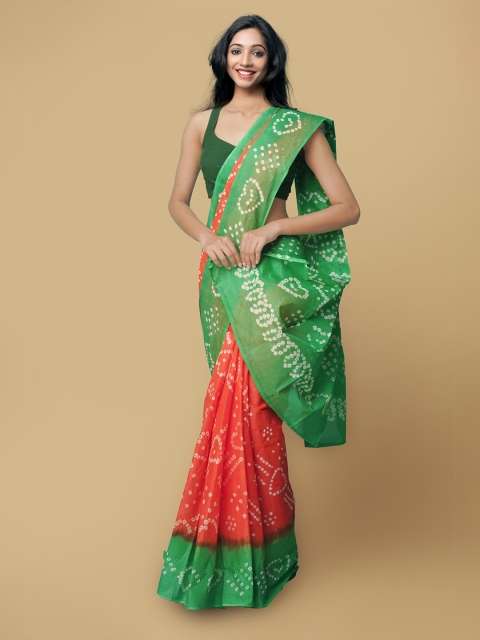 

Unnati Silks Women Orange & Green Handloom Sustainable Pure Bandhani Cotton Saree