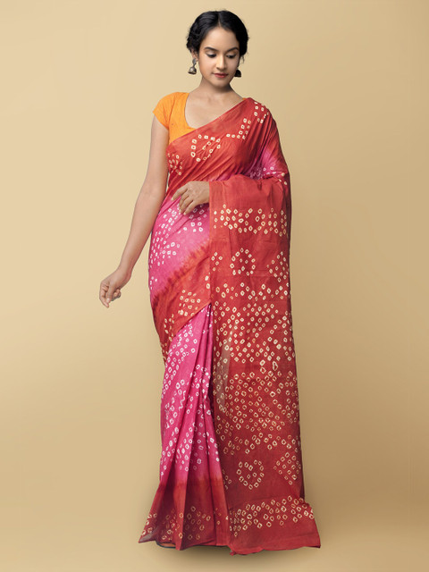 

Unnati Silks Women Pink & Red Handloom Sustainable Pure Bandhani Cotton Saree