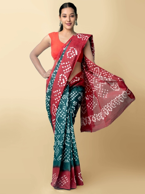 

Unnati Silks Women Green & Red Handloom Sustainable Pure Bandhani Cotton Saree