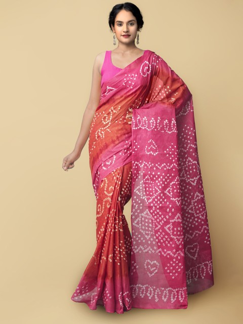 

Unnati Silks Rust & Pink Bandhani Pure Cotton Bandhani Saree