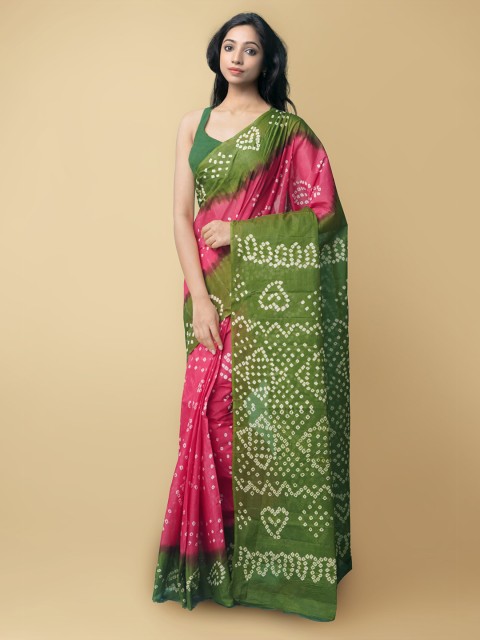 

Unnati Silks Pink & Green Bandhani Pure Cotton Bandhani Saree