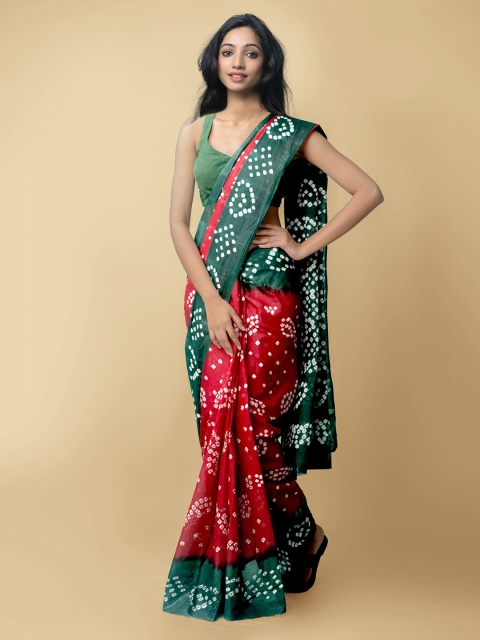 

Unnati Silks Women Maroon & Green Handloom Sustainable Pure Bandhani Cotton Saree