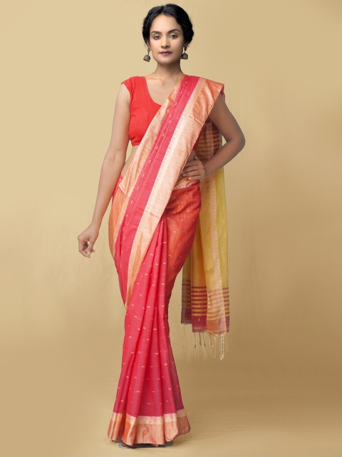 

Unnati Silks Women Red & Gold-Toned Pure Handloom Bengal Linen Sustainable Saree