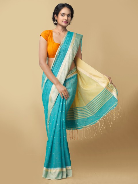 

Unnati Silks Turquoise Blue & Beige Woven Design Pure Linen Handloom Jamdani Saree