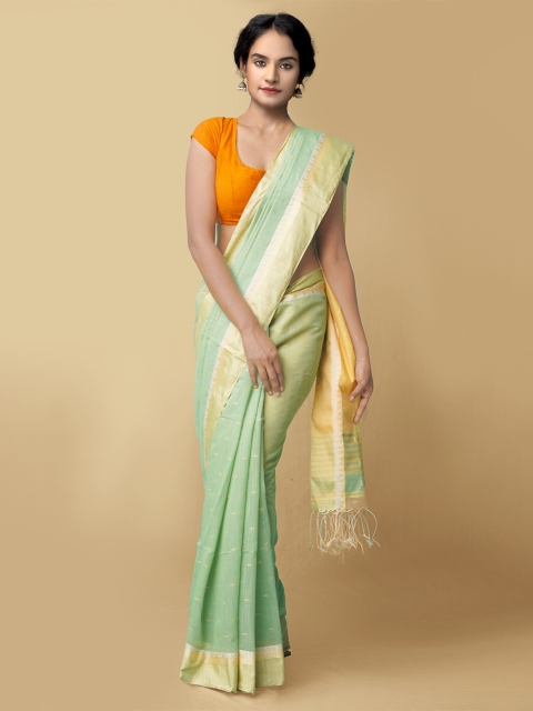 

Unnati Silks Green & Gold-Toned Woven Design Pure Linen Jamdani Saree