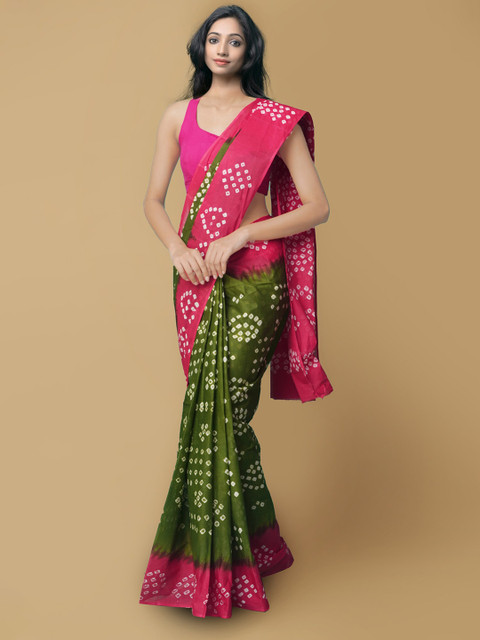

Unnati Silks Green & Pink Bandhani Pure Cotton Bandhani Saree
