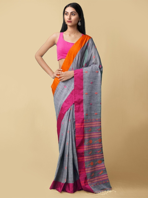 

Unnati Silks Grey & Pink Woven Design Pure Linen Handloom Jamdani Saree