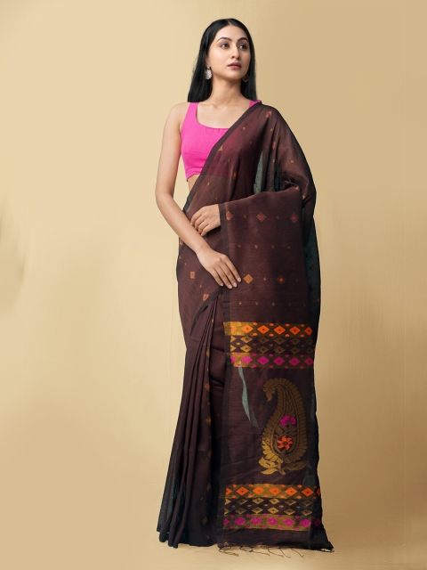

Unnati Silks Brown & Gold-Toned Woven Design Pure Handloom Bengal Linen Saree