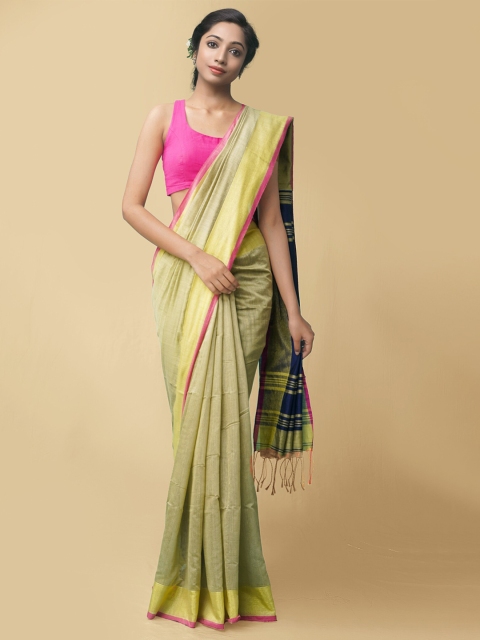 

Unnati Silks Green & Pink Woven Design Pure Linen Jamdani Saree