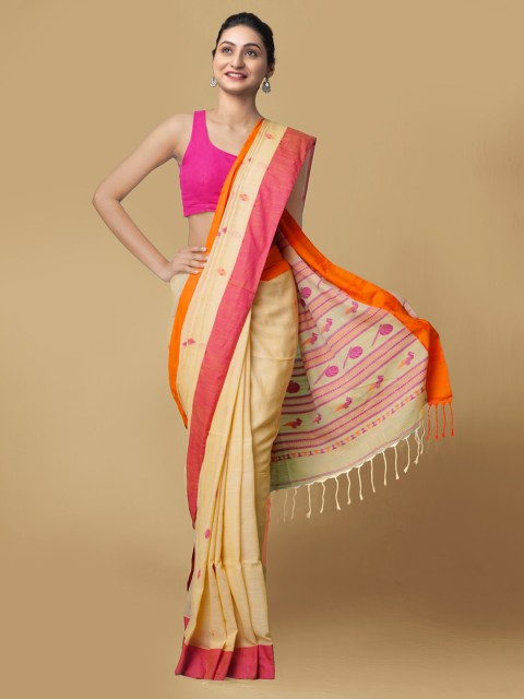 

Unnati Silks Brown & Pink Woven Design Pure Linen Jamdani Saree