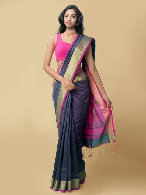 

Unnati Silks Navy Blue & Gold-Toned Zari Pure Linen Jamdani Saree
