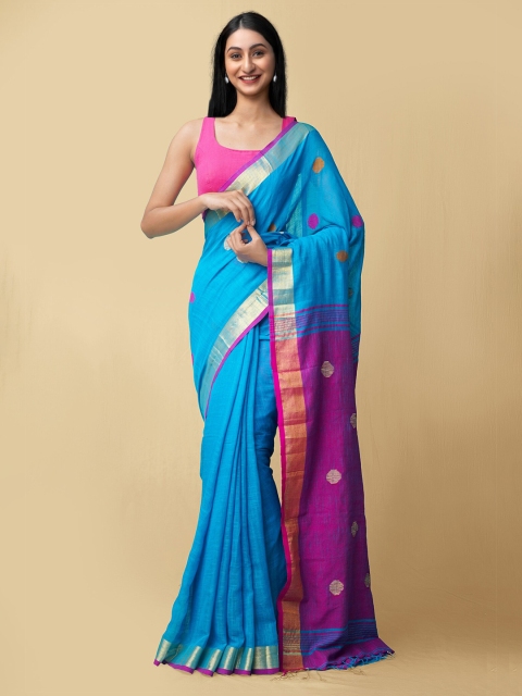 

Unnati Silks Blue & Purple Woven Design Pure Linen Jamdani Saree