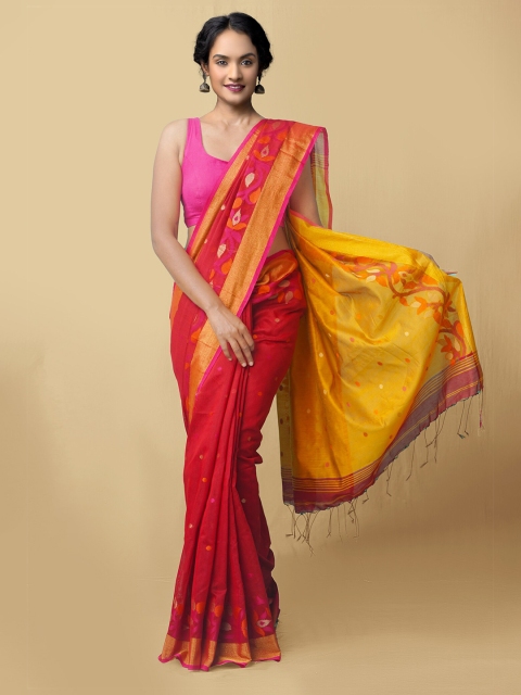 

Unnati Silks Red & Gold Ethnic Motifs Pure Linen Handloom Jamdani Saree