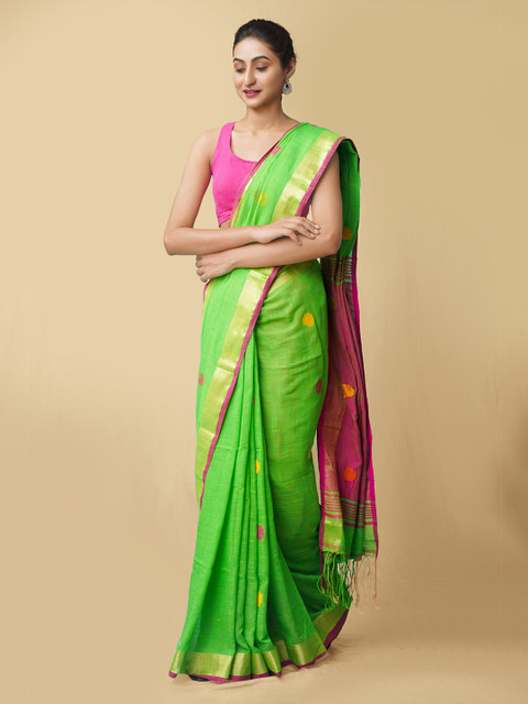 

Unnati Silks Green & Pink Woven Design Pure Linen Jamdani Saree