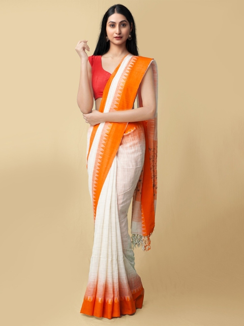 

Unnati Silks White & Orange Pure Linen Jamdani Saree