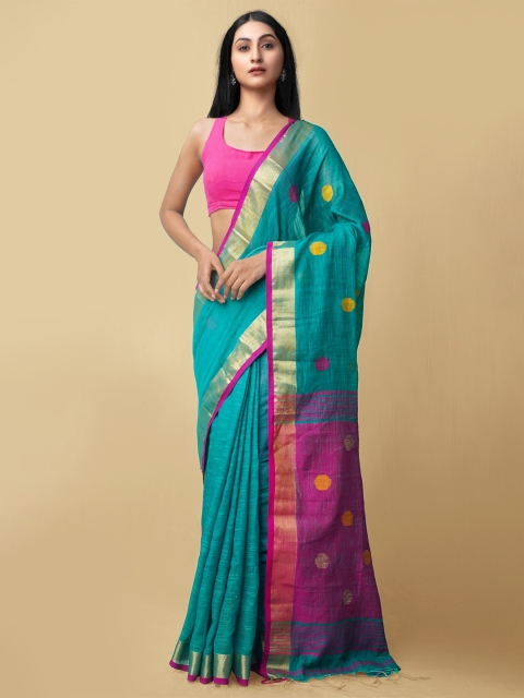 

Unnati Silks Green & Pink Pure Linen Handloom Jamdani Saree