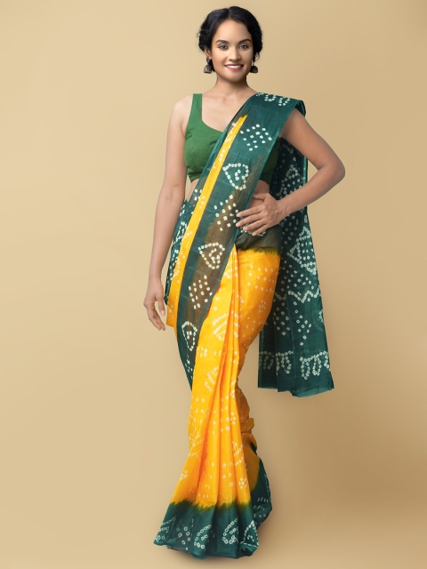 

Unnati Silks Yellow & Green Woven Design Pure Cotton Bandhani Saree