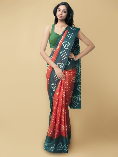 

Unnati Silks Women Orange & Green Handloom Sustainable Pure Bandhani Cotton Saree