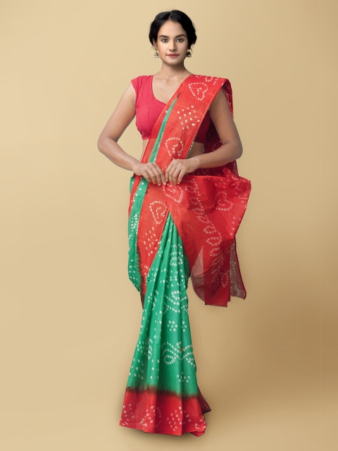 

Unnati Silks Women Green & Red Handloom Sustainable Pure Bandhani Cotton Saree