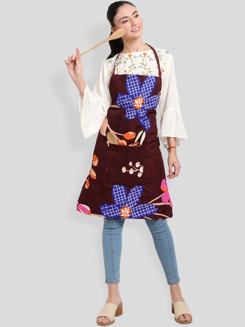 

ROMEE Coffee Brown & Blue Floral Printed Cotton Kitchen Apron with Napkin