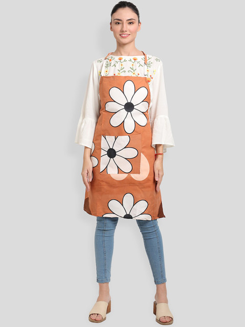 

ROMEE Peach Printed Cotton Kitchen Apron with Napkin