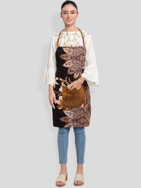 

ROMEE Brown & Beige Floral Printed Cotton Kitchen Apron With Napkin