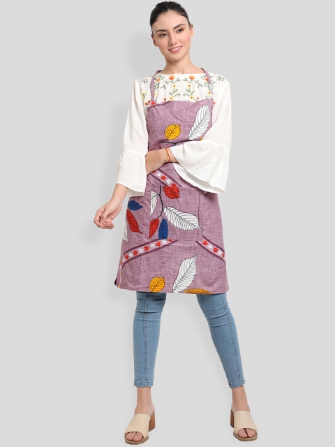 

ROMEE Purple & White Floral Printed Cotton Kitchen Apron with Napkin
