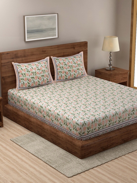 

Rajasthan Decor Green & White Floral 120 TC King Bedsheet with 2 Pillow Covers