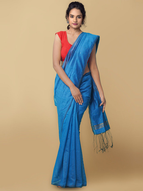 

Unnati Silks Blue & Gold-Toned Woven Design Pure Linen Jamdani Saree