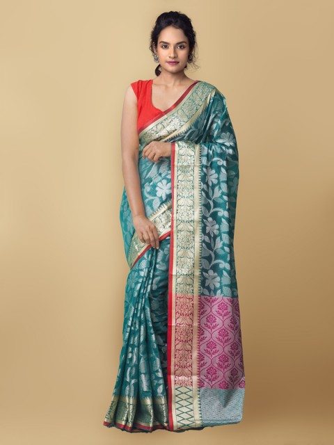 

Unnati Silks Green & Silver-Toned Woven Design Zari Silk Cotton Baluchari Saree