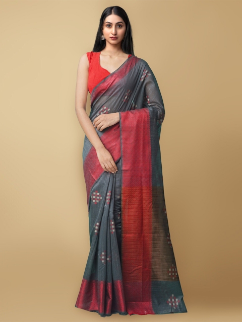 

Unnati Silks Grey & Red Ethnic Motifs Baluchari Silk Cotton Saree