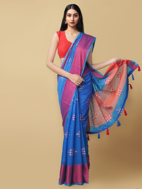 

Unnati Silks Blue & Fuchsia Woven Design Silk Cotton Baluchari Saree