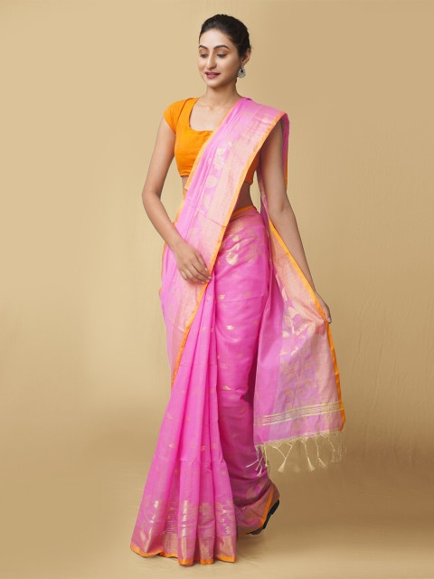 

Unnati Silks Pink & Gold-Coloured Ethnic Motifs Zari Bengal Pure Linen Jamdani Saree