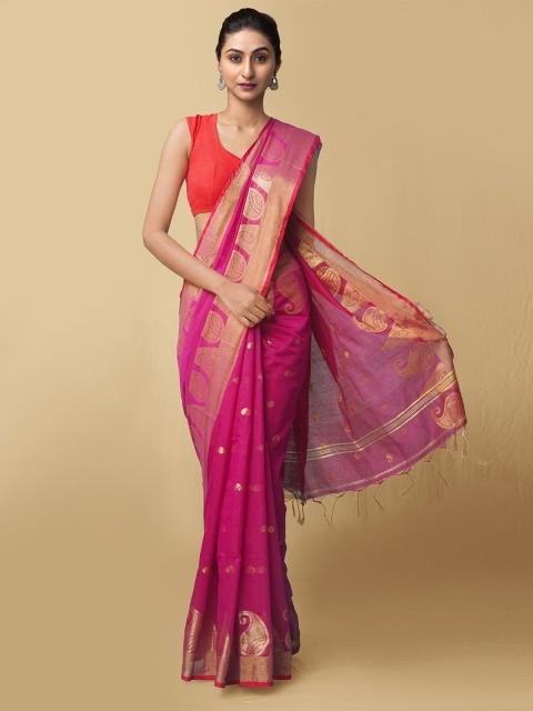 

Unnati Silks Pink & Gold Ethnic Motifs Zari Pure Linen Handloom Jamdani Saree