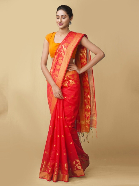 

Unnati Silks Red & Gold-Toned Woven Design Zari Pure Linen Jamdani Saree