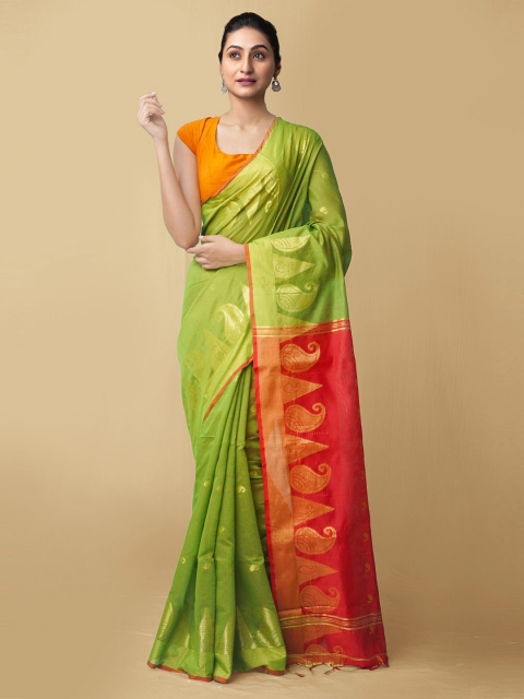 

Unnati Silks Green & Red Woven Design Zari Pure Linen Jamdani Saree