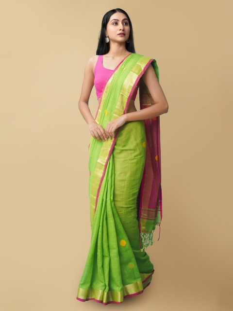 

Unnati Silks Green & Pink Pure Handloom Bengal Linen Saree