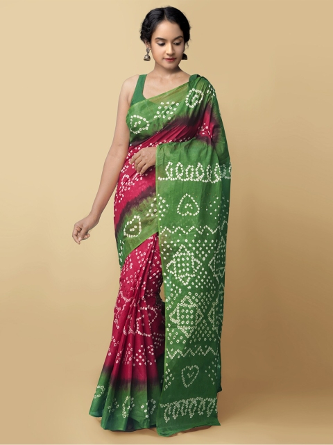 

Unnati Silks Women Maroon & Green Handloom Sustainable Pure Bandhani Cotton Saree
