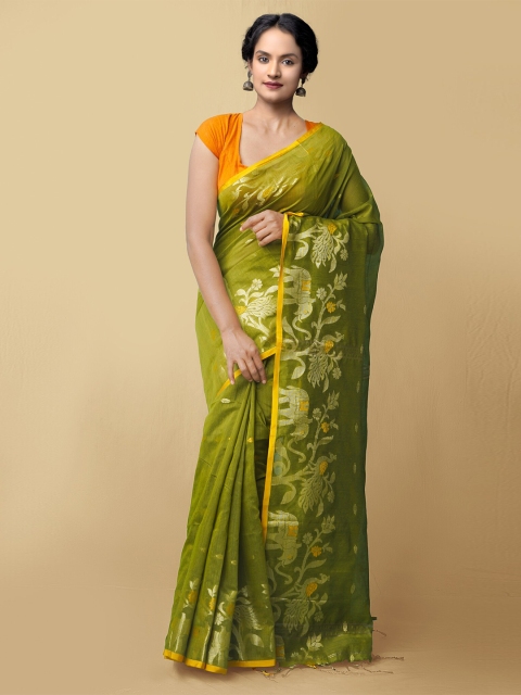 

Unnati Silks Green & Gold-Coloured Ethnic Motifs Bengal Pure Linen Jamdani Saree